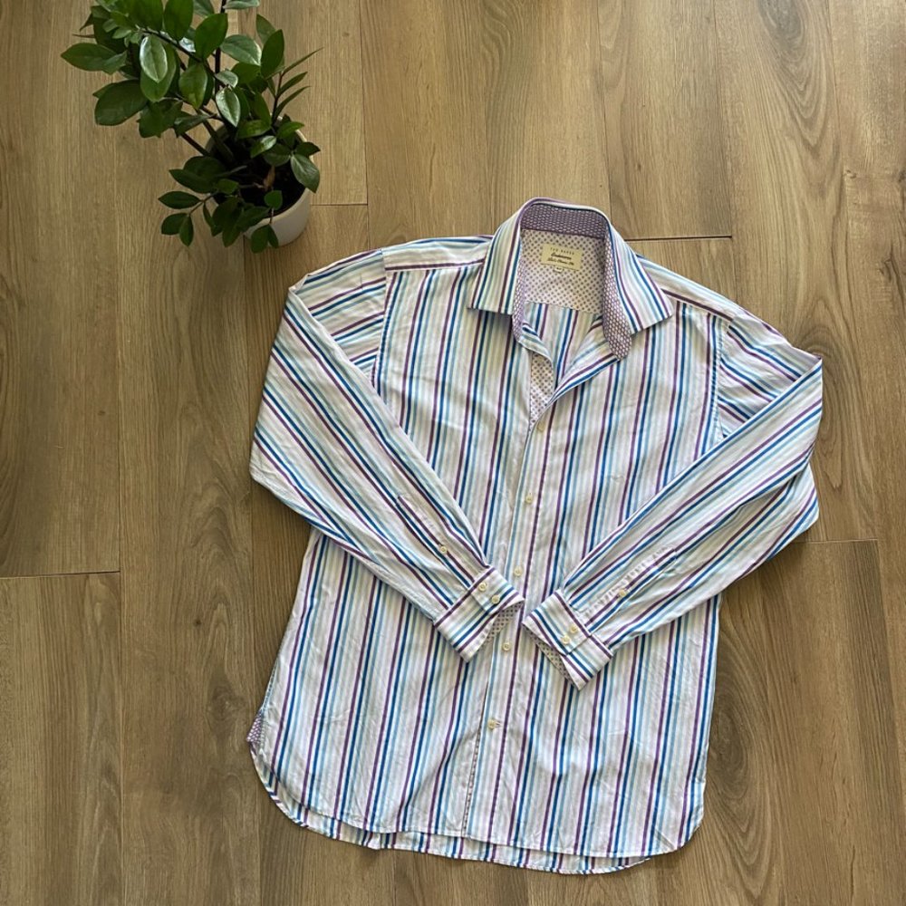 Ted Baker White Striped Button-Down Dress Shirt